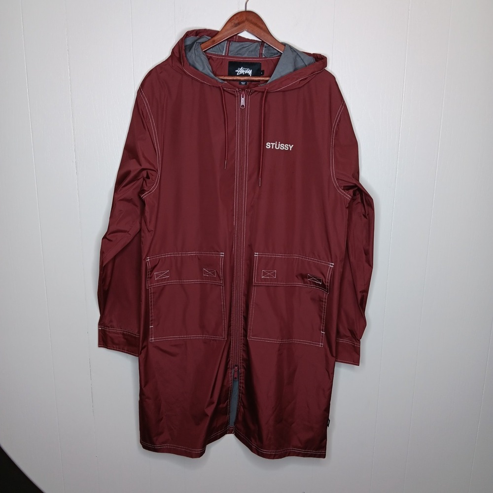 Stussy Contrast Stitch Jacket Mens Size L Maroon Full Zip Rain Windbreaker Hood